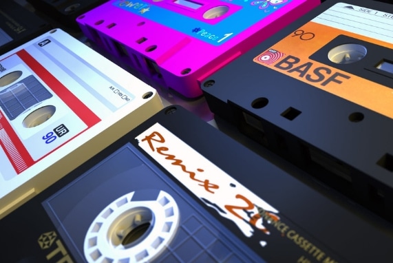 Happy thoughts, vibrant closeup image of old school music cassette tapes.