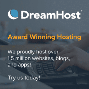 DreamHost logo, grey background, white font.