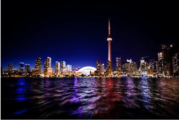 Feisty fox films, night scene of Toronto Canada's iconic tower.
