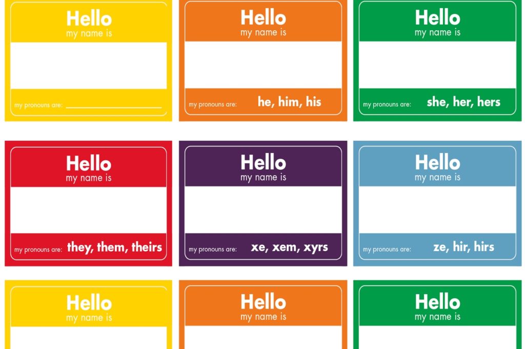 Gender Pronouns, image of gender pronouns name tags in rainbow colors