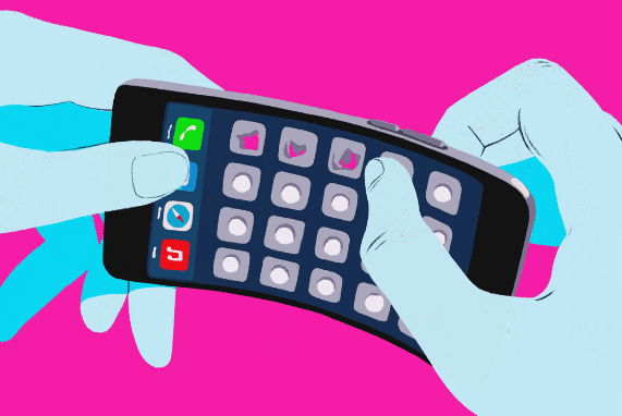 Birth Control and Technology: Besider, image with magenta background, a drawing hands holding a cell phone that is used as a birth control pill package.