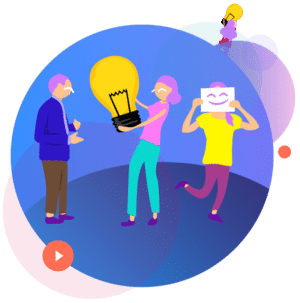 Birth Control and Technology: Besider, image drawn with purple sky and blue ground, a character holding a light bulb, one with a sheet of white paper with a smiley face on it covering their face with it, and a character with a blue shirt and brown pants.