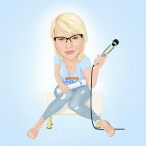 Backwoods Bedroom, young lady holding two adult toy wands in her hands, she is wearing glasses, blond hair, blue shirt and denim pants.
