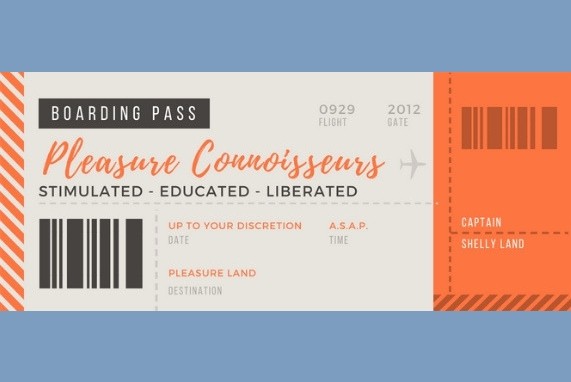 Meet your captain, Pleasure Connoisseurs Flight Ticket, blue background, orange, brown and tan fictional plane ticket.