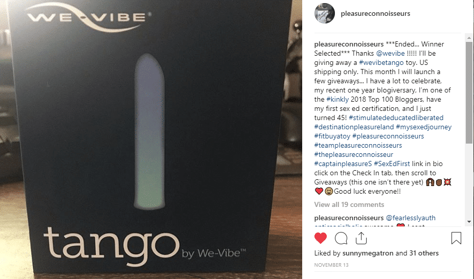 We-Vibe Giveaway: Toy Review.instsagram post image of tango by wevibe in a box sitting on a desk